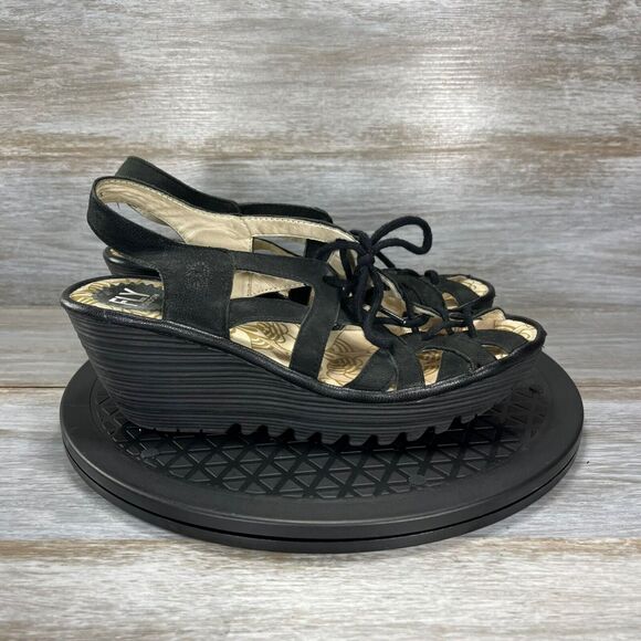 Fly London Women’s Black Leather Gladiator Wedges Sandals Size EU 38 US 7 - Picture 4 of 10